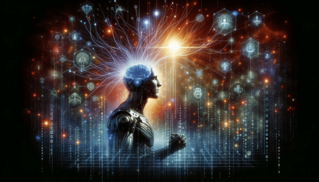 Dynamische Illustration für einen Artikel über künstliche Intelligenz, die einen Cyborg mit einem Gehirn zeigt, das mit verschiedenen Datenquellen verbunden ist.