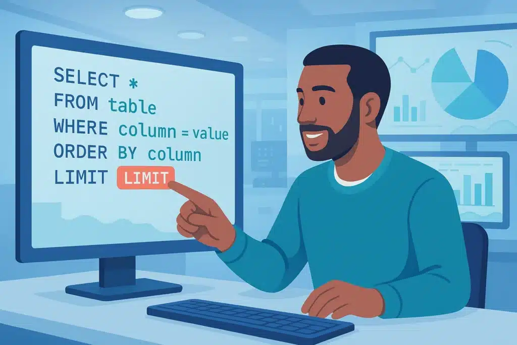 Illustration d'un homme utilisant une interface de requête SQL, mettant en avant les instructions 'LIMIT' et 'OFFSET' pour contrôler les résultats de la requête.