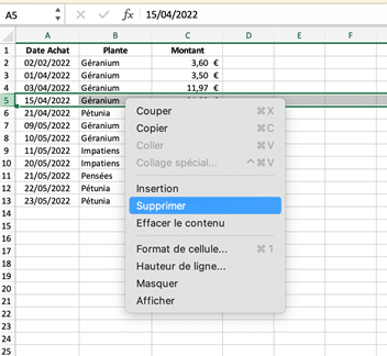 capture d'écran d'un fenêtre clic-droit sous excel pour supprimer une ligne