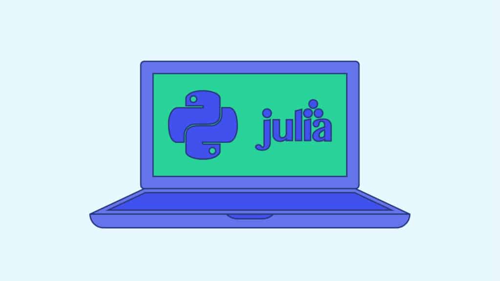 dessin d'un ordinateur portable avec les logos de python et Julia sur l'écran