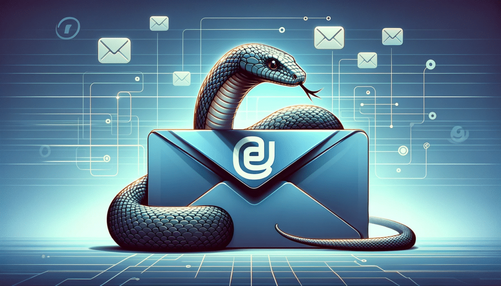Le serpent, représentant le langage de programmation Python, interagit subtilement avec une enveloppe, sur un fond numérique moderne mettant en avant les symboles de la communication par email.