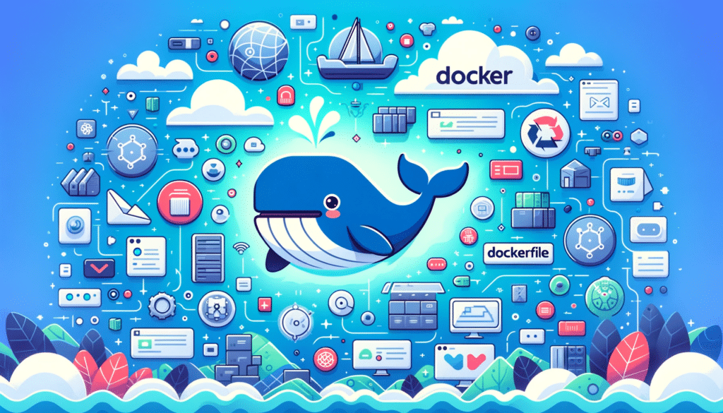 Une baleine, représentant le logo de Docker, nage dans un paysage numérique, entourée d'icônes et de formes abstraites symbolisant les conteneurs, les images, les Dockerfiles et les réseaux, illustrant ainsi les divers éléments de Docker.