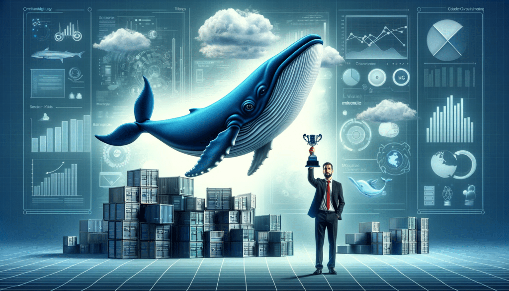 Une image représentant une baleine réaliste et un data ingénieur, tous deux dépeints de manière professionnelle et sophistiquée. La baleine représente Docker, et l'ingénieur en données tient un trophée en l'air, symbolisant la maîtrise de l'orchestration de contenus. La scène se déroule sur fond de monde numérique moderne, avec des éléments de technologie et de succès subtilement intégrés.