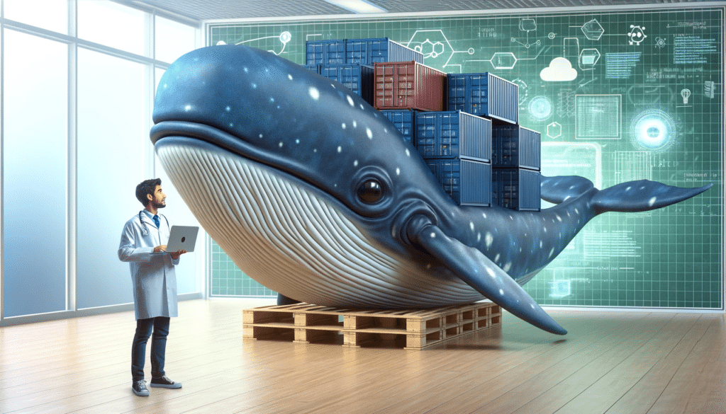 Un futur data engineer se tient à côté d'une baleine réaliste avec des conteneurs sur le dos. L'ingénieur tient un ordinateur portable et regarde attentivement la baleine, comme s'ils communiquaient à propos de Docker. L'environnement est un mélange de salle de classe moderne et d'espace numérique, symbolisant l'apprentissage et la compréhension de la technologie Docker.