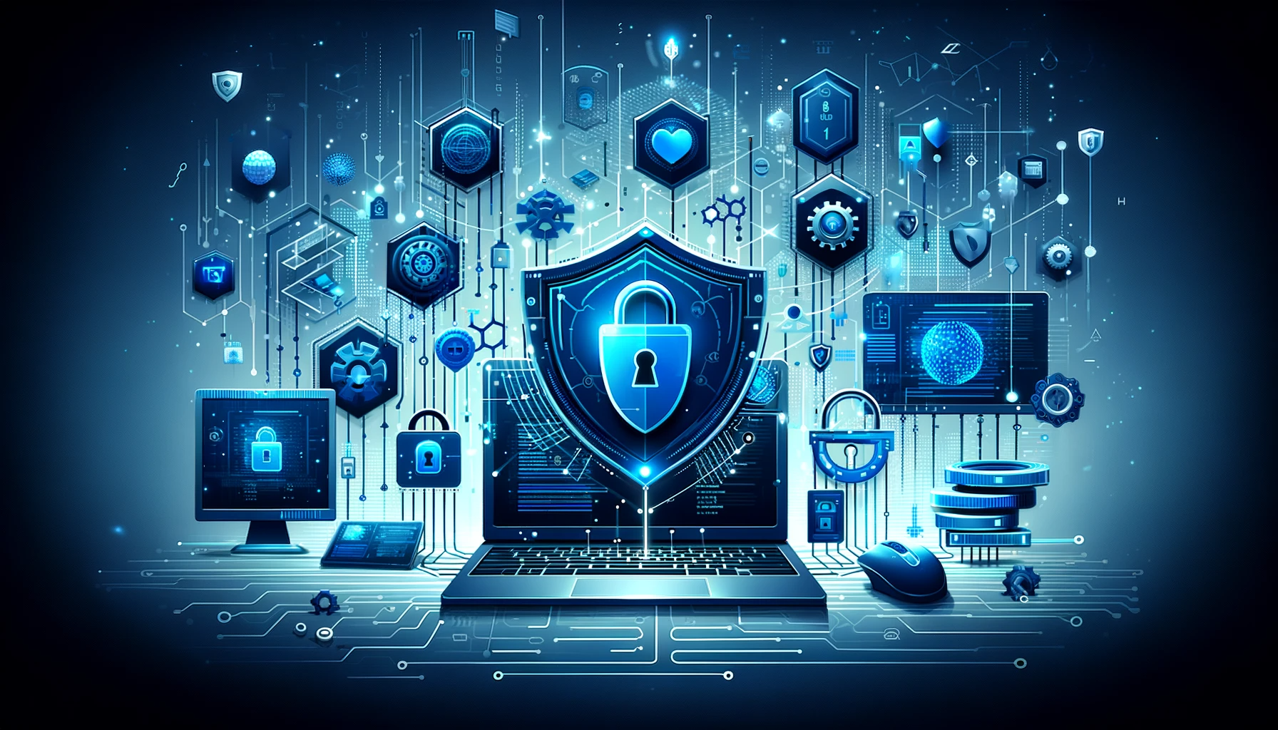 Illustration représentant la cybersécurité avec des pare-feu, des systèmes de sécurisation de réseau, des cadenas numériques, et des flux de données, dans des teintes froides de bleu et de gris.