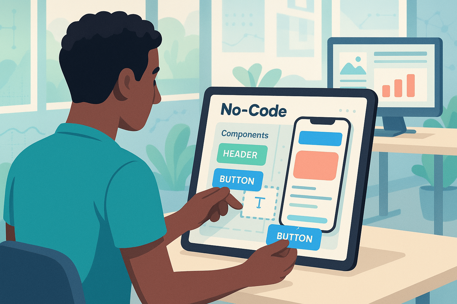 Illustration d’un créateur no code en train de concevoir une application mobile via une interface visuelle. Il glisse-dépose des composants comme HEADER, BUTTON et champs de texte sur une tablette affichant un éditeur no code. L’environnement professionnel et les graphiques en arrière-plan renforcent l’idée d’une solution accessible, rapide et sans codage.