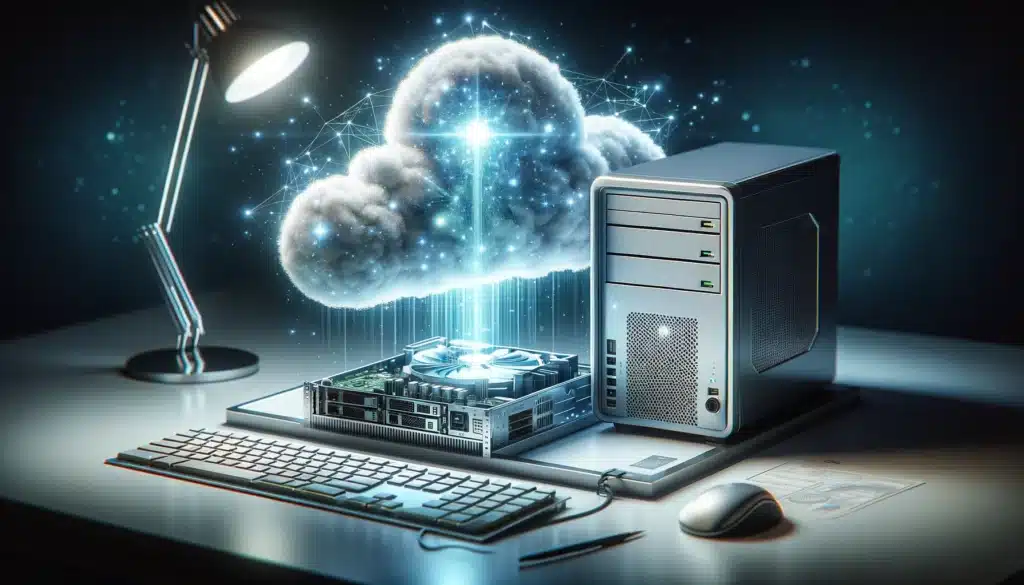 une unité centrale avec un nuage autour, symbolisant le cloud computing dans un style réaliste