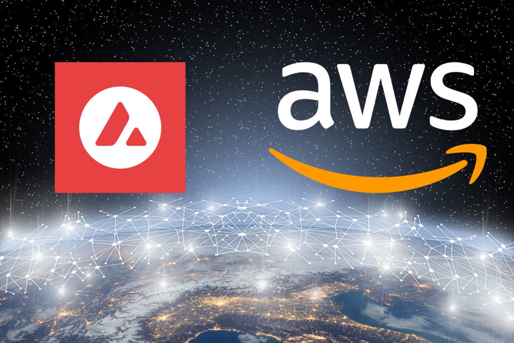 Logo AWS et Avax avec fond planète terre et connexion informatique