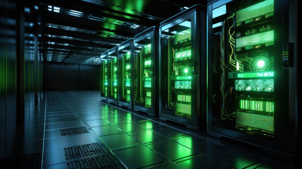 In the server room you'll notice green lights signaling energy efficient operations