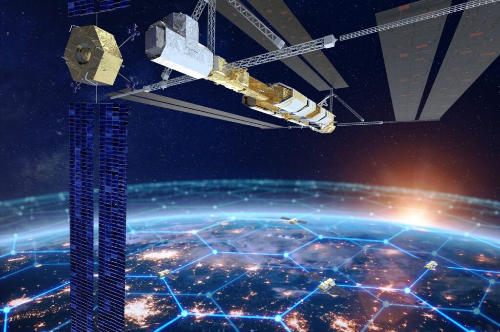 Répresentation 3D d'un satellite transportant des centres de données en orbite autour de la Terre