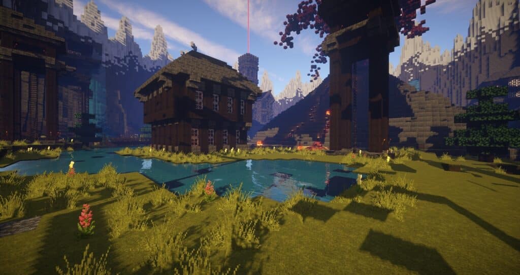 Image provenant du jeu minecraft où l'on peut voir une maison au bord du lac
