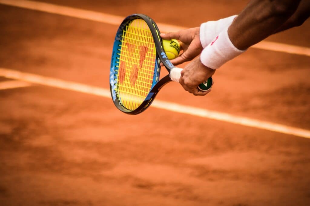 Djokovic tenant une raquette et une balle de tennis