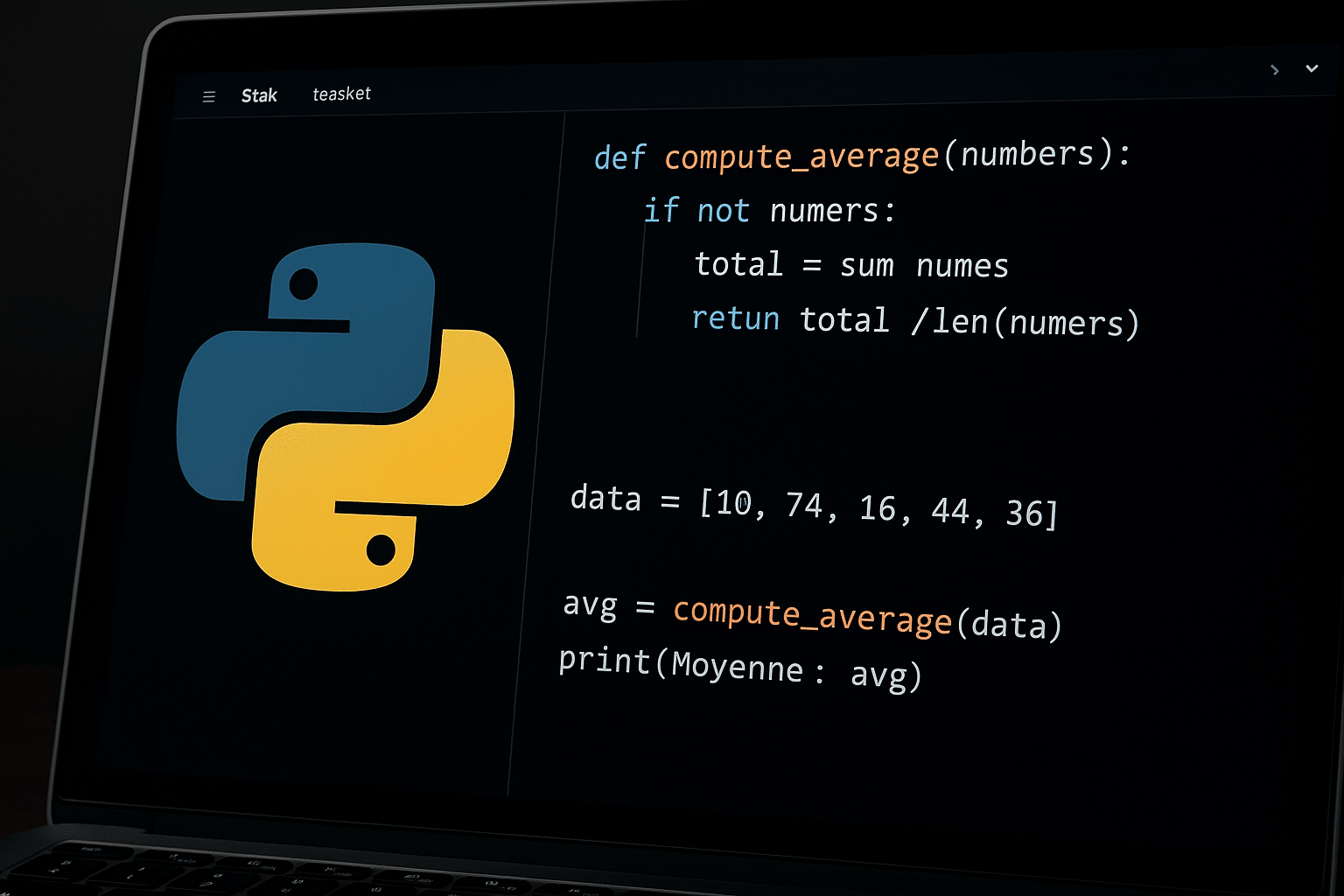 Écran d’ordinateur portable affichant le logo Python à gauche et un éditeur de code à droite avec une fonction Python 'compute_average' calculant la moyenne d’une liste de nombres, le tout dans un thème sombre avec une coloration syntaxique claire.