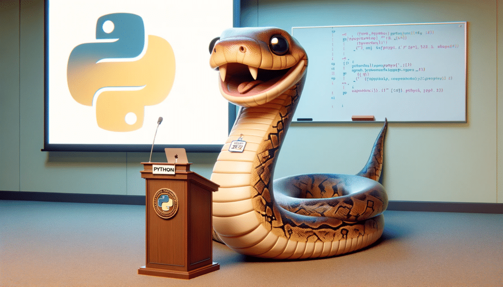 Un serpent python de style dessin animé, souriant et amical, derrière un podium dans une salle de conférence, pointant avec sa queue vers un tableau présentant le code du langage de programmation Python et le logo Python