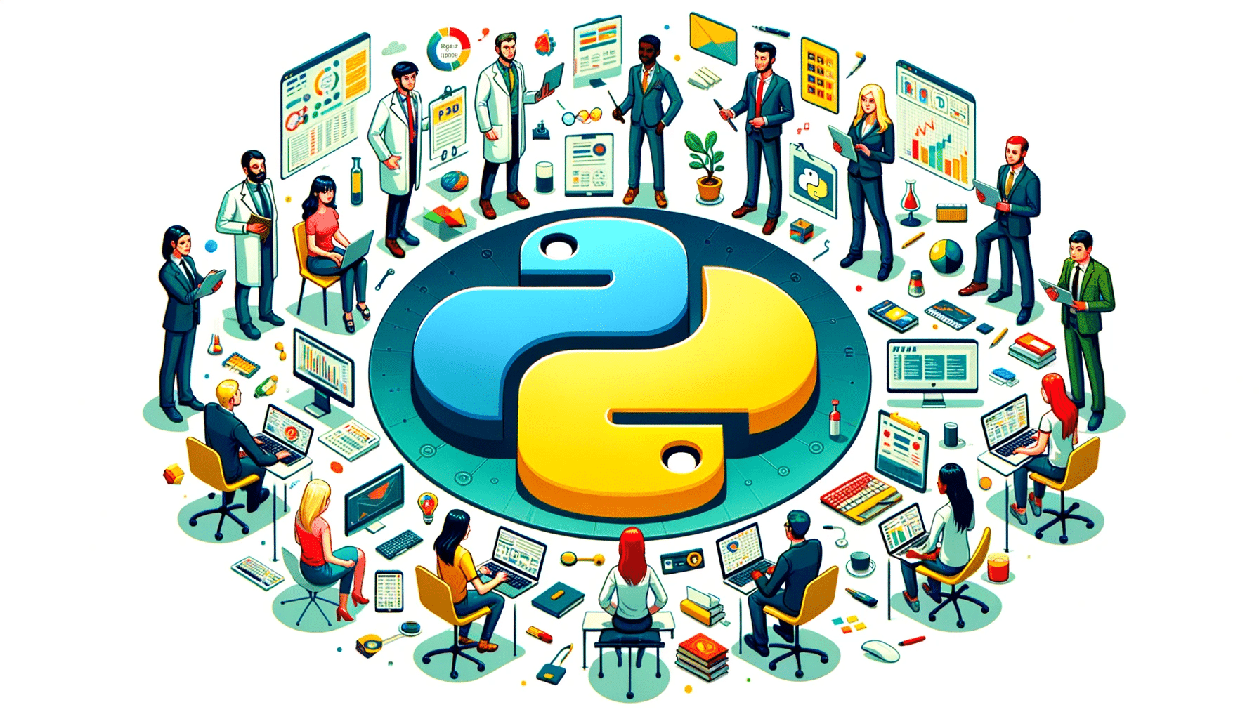 Logo de Python au centre, entouré d'illustrations de professionnels divers utilisant Python : développeur, scientifique, designer web, analyste de données et étudiants.