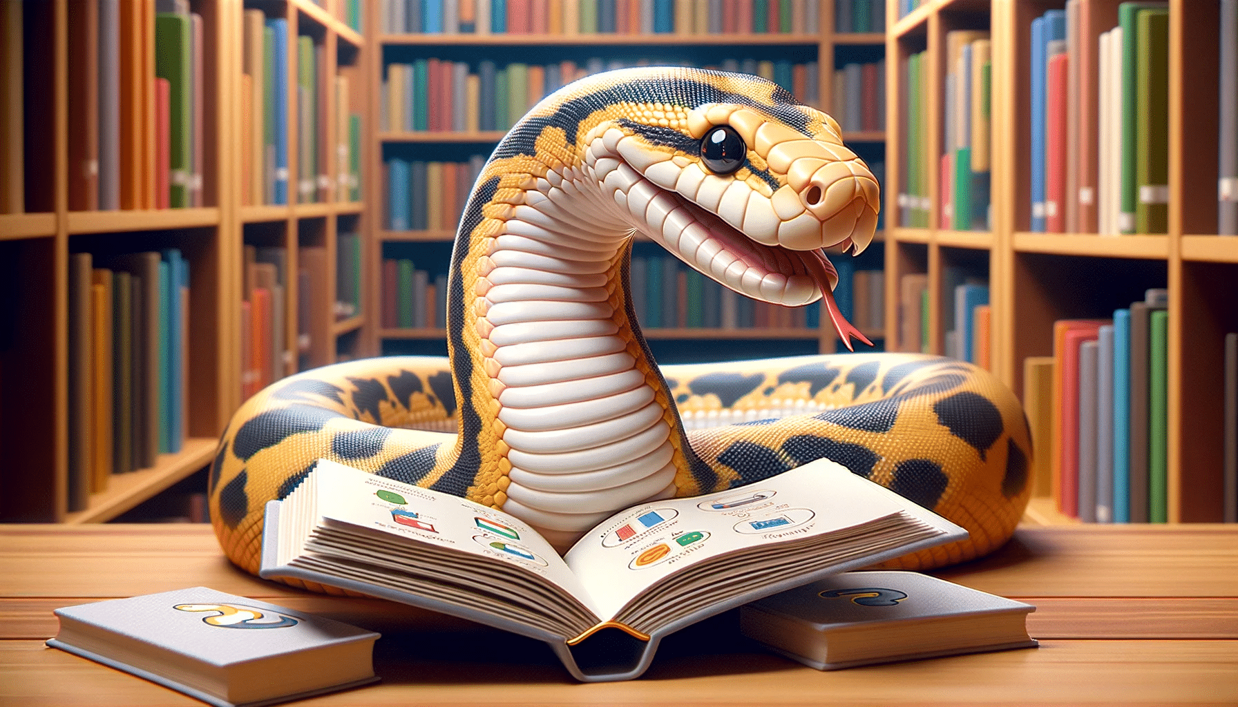 Un serpent python semi-dessin animé dans une bibliothèque, lisant attentivement un livre sur la programmation et la technologie, dans un cadre chaleureux et invitant.