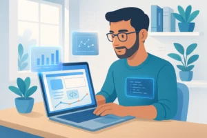 Un utilisateur travaillant sur un ordinateur portable avec des éléments graphiques de formation no code affichés à l'écran.