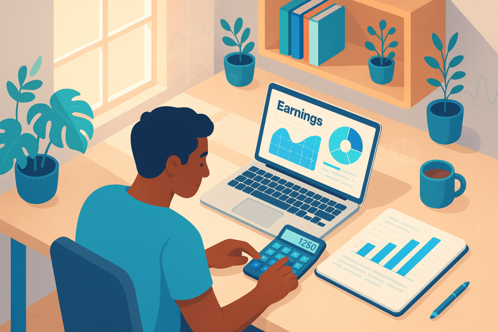 Personne utilisant un ordinateur portable et une calculatrice pour analyser les données financières dans le cadre d'une formation no code.