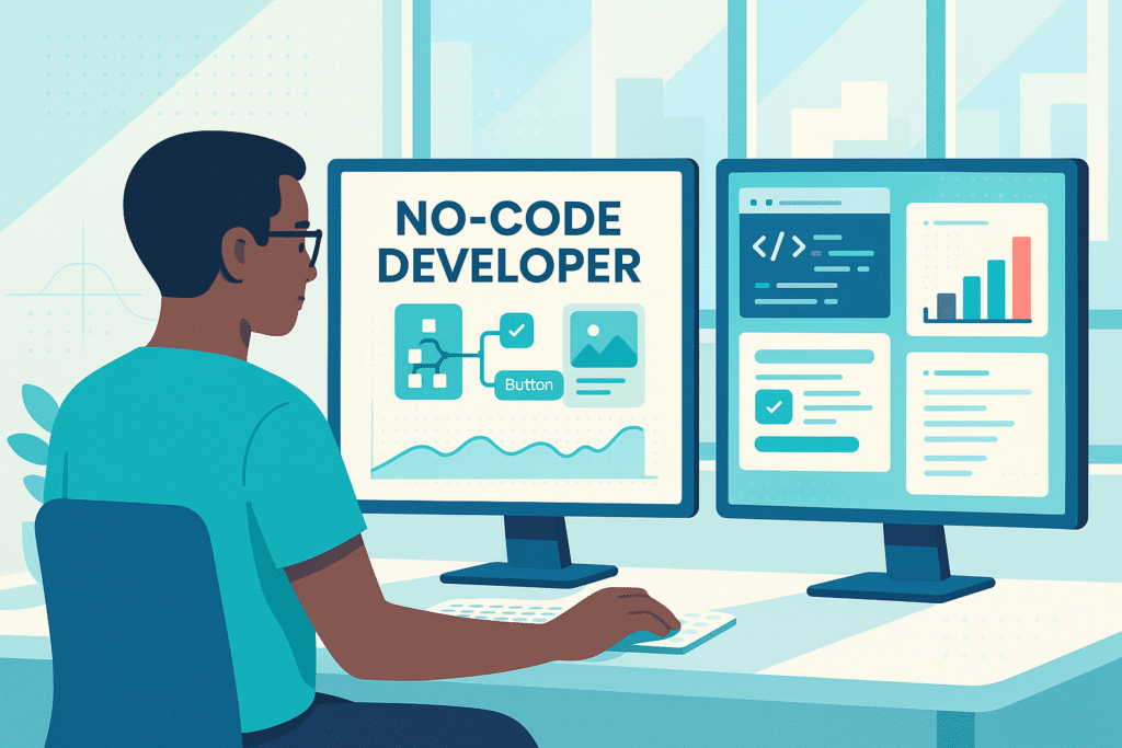 Illustration d'un développeur travaillant sur deux écrans avec des outils de développement no code, montrant des graphiques et une interface utilisateur.