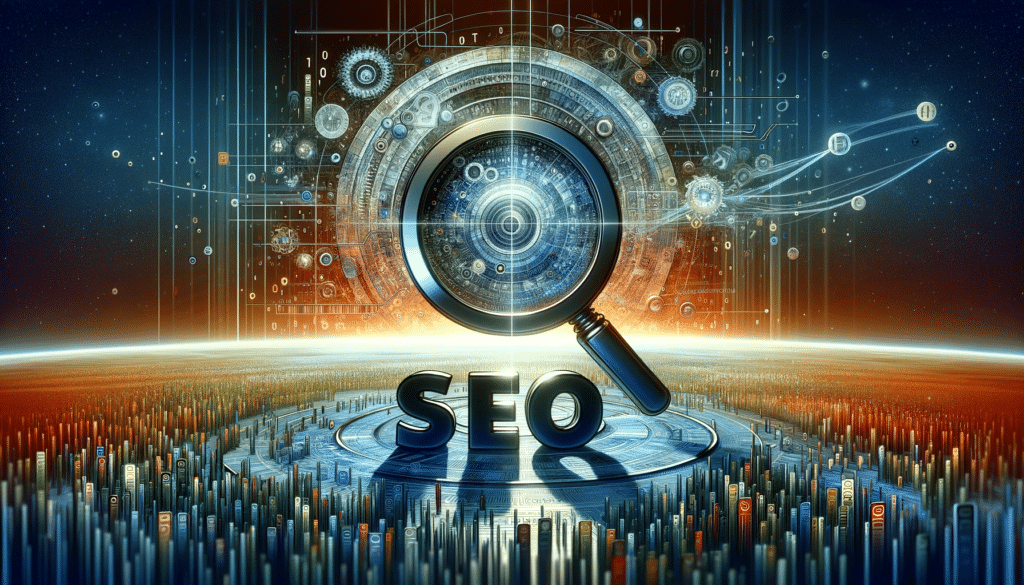 Image illustrant le SEO avec une loupe géante sur 'SEO' au milieu de code et de mots-clés, sur fond d'algorithme de moteur de recherche.