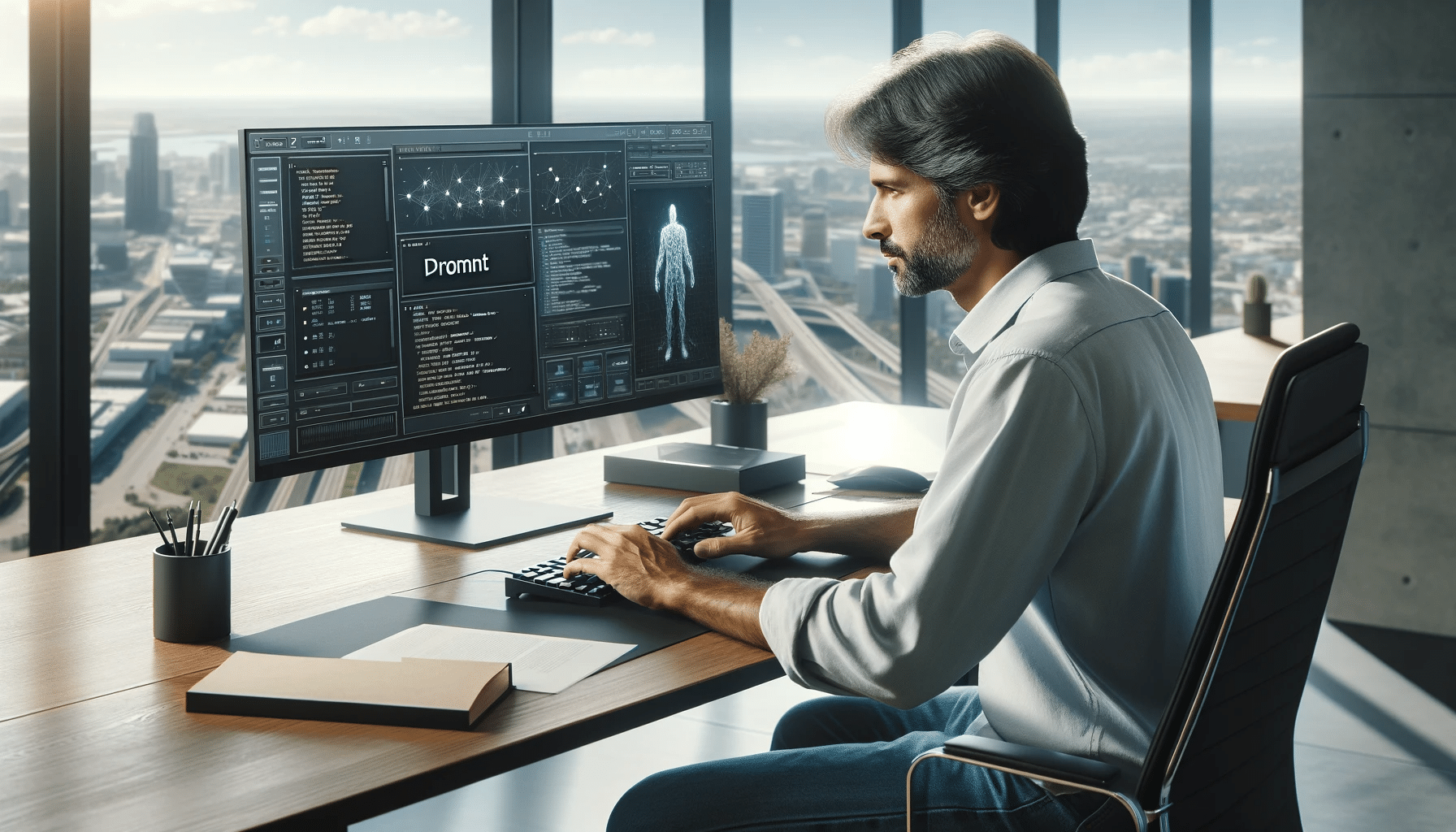 Un homme d'âge moyen travaillant comme ingénieur de prompt, tapant sur son clavier dans un bureau lumineux, avec un moniteur large affichant une interface de génération de contenu IA.