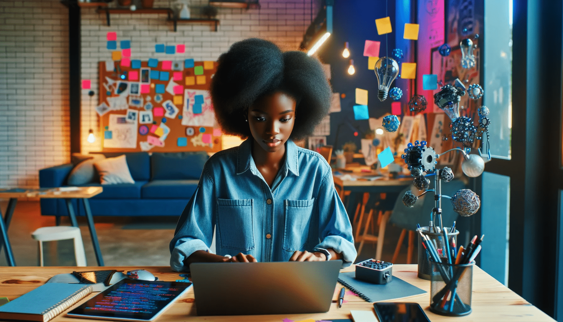 Une jeune femme noire travaillant comme ingénieure de prompt dans un espace de travail créatif et technologique, tapant un prompt sur son ordinateur portable.