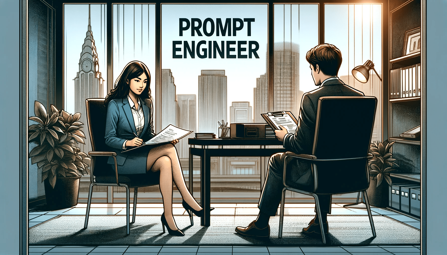 Une jeune femme en entretien d'embauche pour un poste d'ingénieur de prompt, assise en face d'un intervieweur dans un bureau corporate moderne