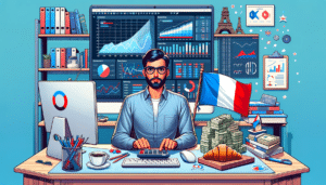 Data Scientist analysant des graphiques sur son ordinateur, à côté d'un drapeau français, d'un croissant et de billets de banque sur son bureau.