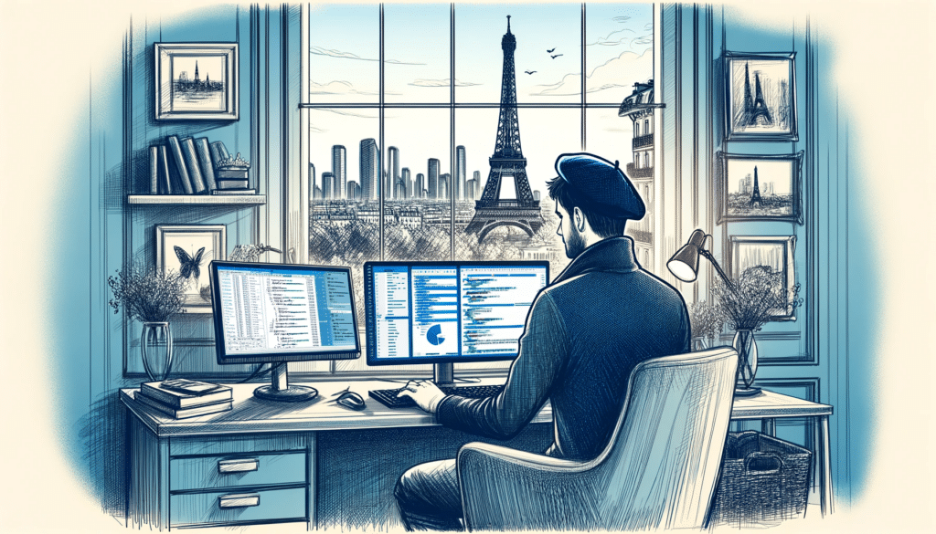 Illustration d'un ingénieur de données français dans un bureau chic à Paris, concentré sur des écrans affichant des données.