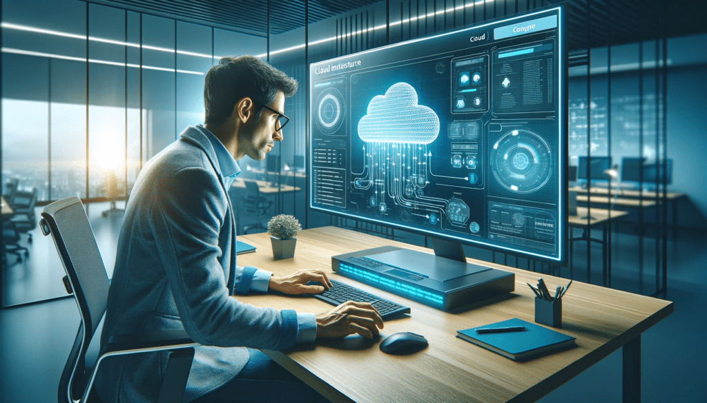 Ingénieur cloud dans un bureau high-tech, gérant l'infrastructure sur un écran interactif avec un design épuré.