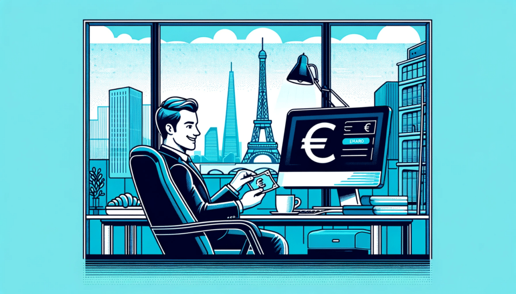 Analyste d'affaires français dans un bureau moderne, écran d'ordinateur affichant un signe de l'euro, avec la Tour Eiffel en arrière-plan, exprimant la satisfaction salariale.