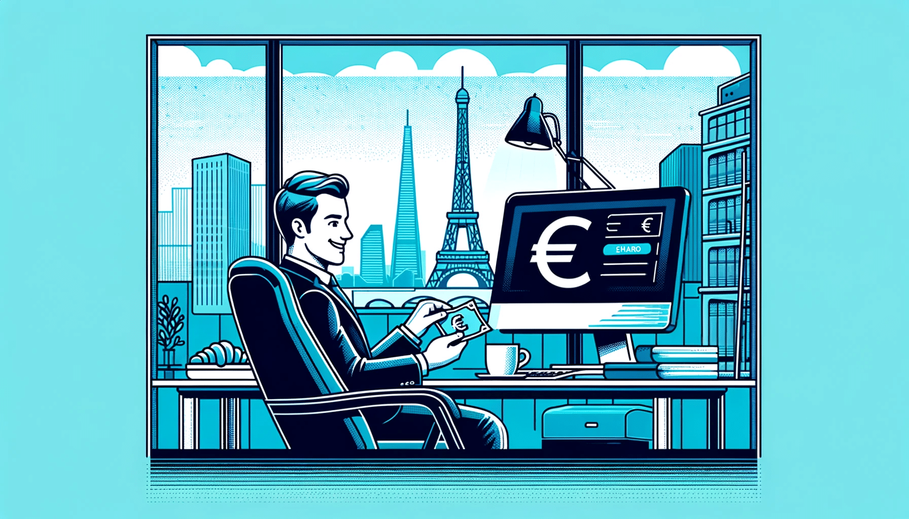 2024 Salaire Du Business Analyst Quels Revenus En France Et L   DALL·E 2023 12 29 12.28.09 Graphic Style Illustration Of A French Business Analyst In A Modern Office Receiving A Salary Payment With A Computer Screen Displaying A Large Euro  