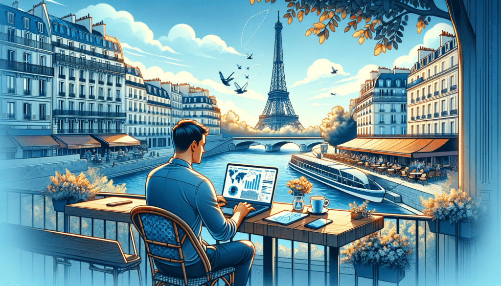 Illustration d'un data scientist travaillant depuis un café à Paris, avec une vue sur la Tour Eiffel, évoquant l'atmosphère charmante et culturelle de la ville.