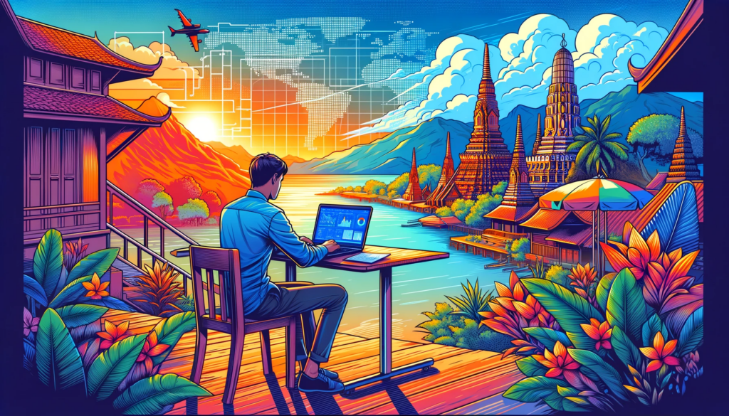 Illustration d'un data scientist travaillant à l'étranger, assis en plein air avec son ordinateur portable, dans un cadre pittoresque suggérant une localisation internationale.