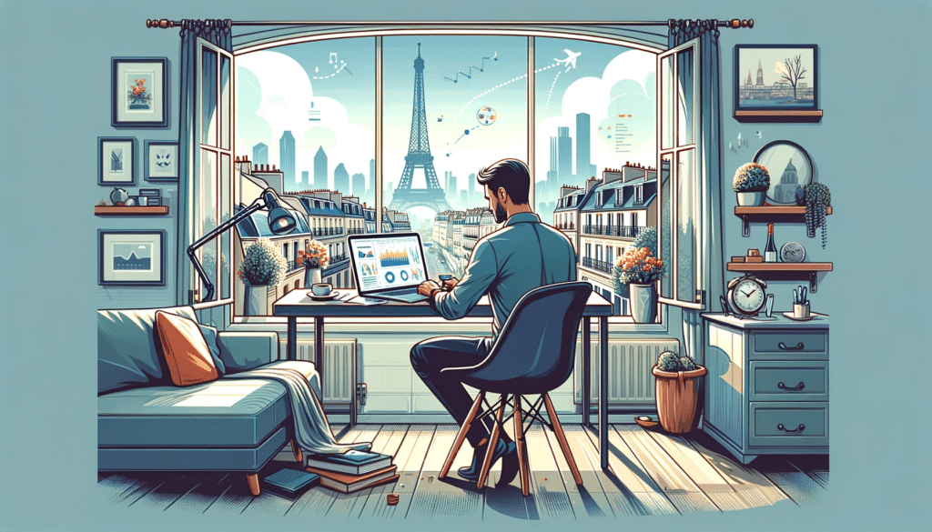 Illustration d'un data scientist travaillant depuis son domicile à Paris, avec un bureau confortable offrant une vue sur la Tour Eiffel et un intérieur typiquement parisien.