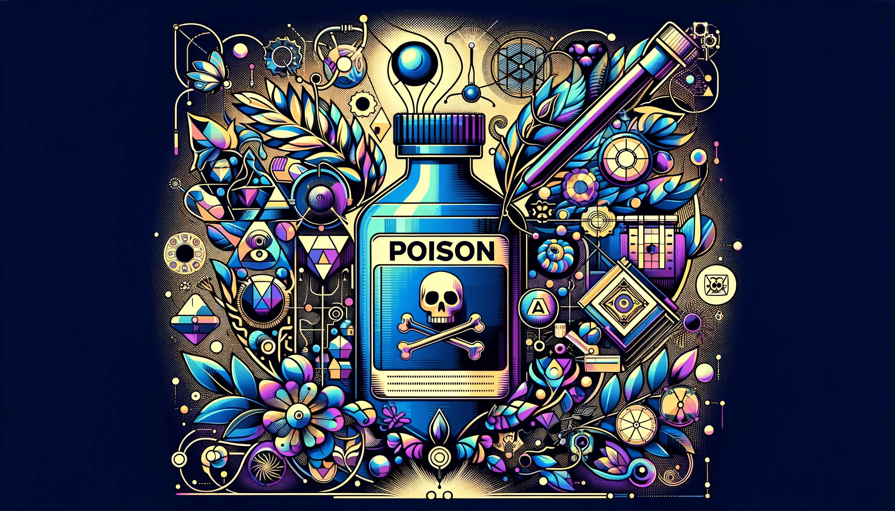 Illustration mélangeant des éléments de poison, comme une substance toxique symbolique, avec des œuvres d'art protégées ou altérées par ce poison, et des motifs représentant des IA génératives, évoquant la défense des créations artistiques.