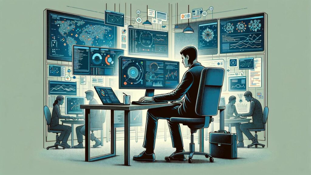 Illustration d'un data scientist au travail dans un bureau moderne, concentré sur l'analyse de données sur son ordinateur, entouré d'écrans affichant des visualisations de données, des graphiques et du code.
