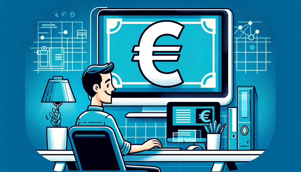 Ingénieur DevOps devant un écran d'ordinateur affichant un grand signe de l'euro, exprimant la joie de recevoir un salaire, dans un cadre professionnel bleu et sarcelle.
