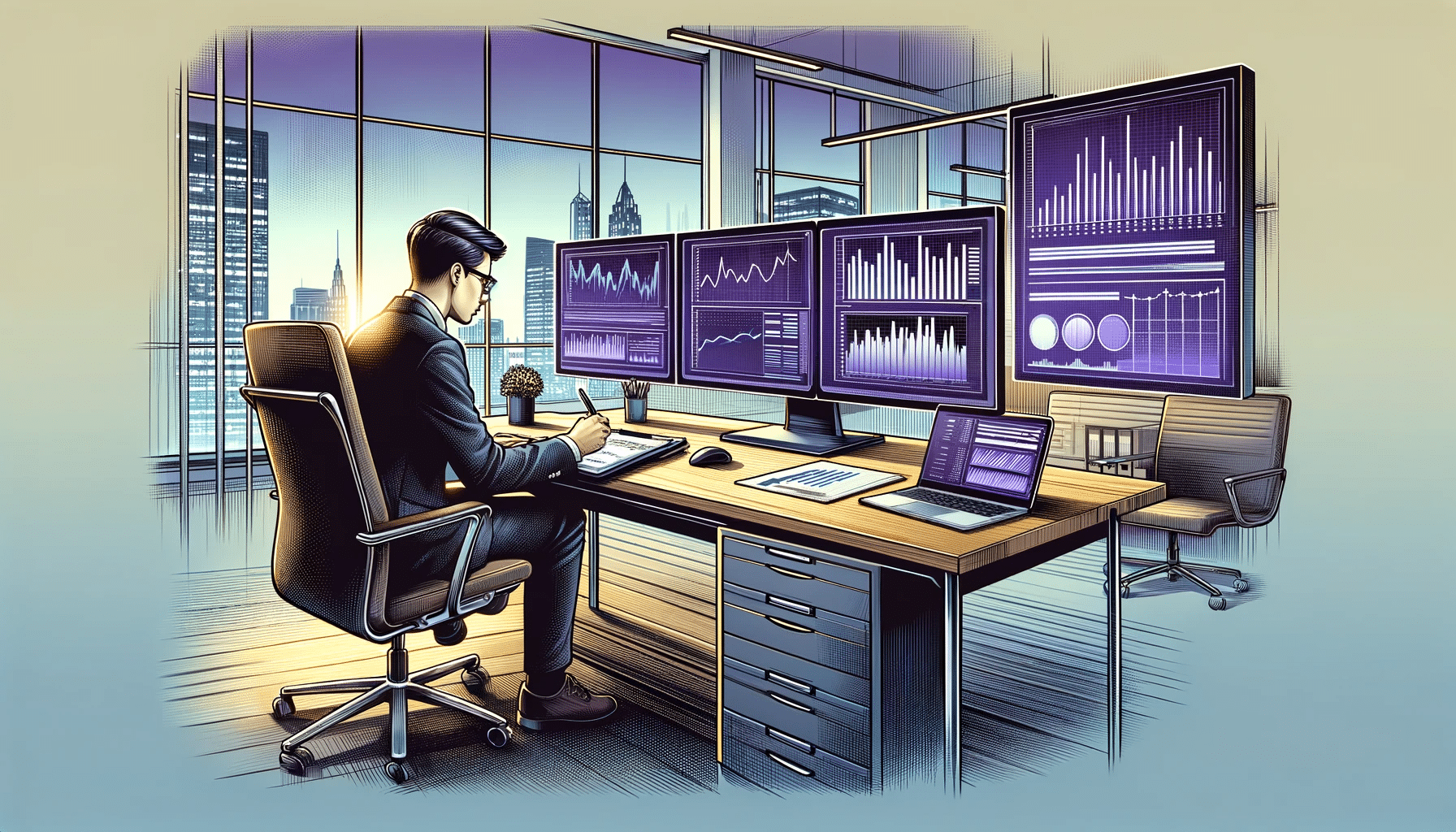 Illustration d'un analyste d'affaires concentré sur son travail à son bureau dans un bureau moderne