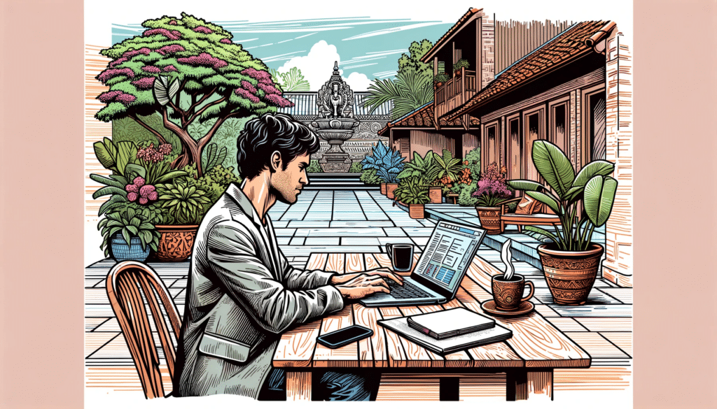 Illustration graphique d'un analyste d'affaires travaillant à distance, assis à une table en bois dans un cadre extérieur.