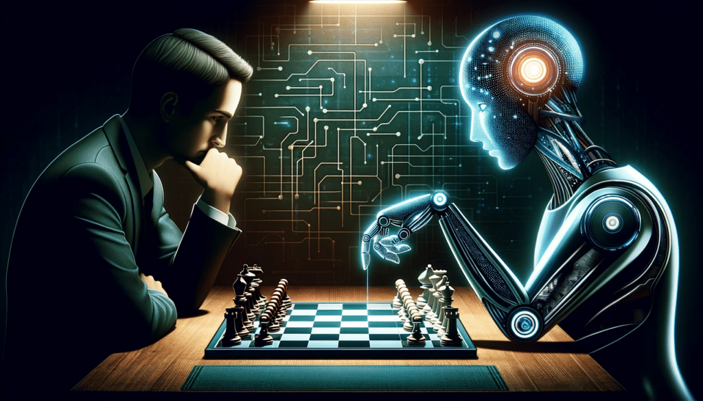 Illustration créative d'une IA sous forme de bras robotique futuriste affrontant un humain dans une partie d'échecs tendue.