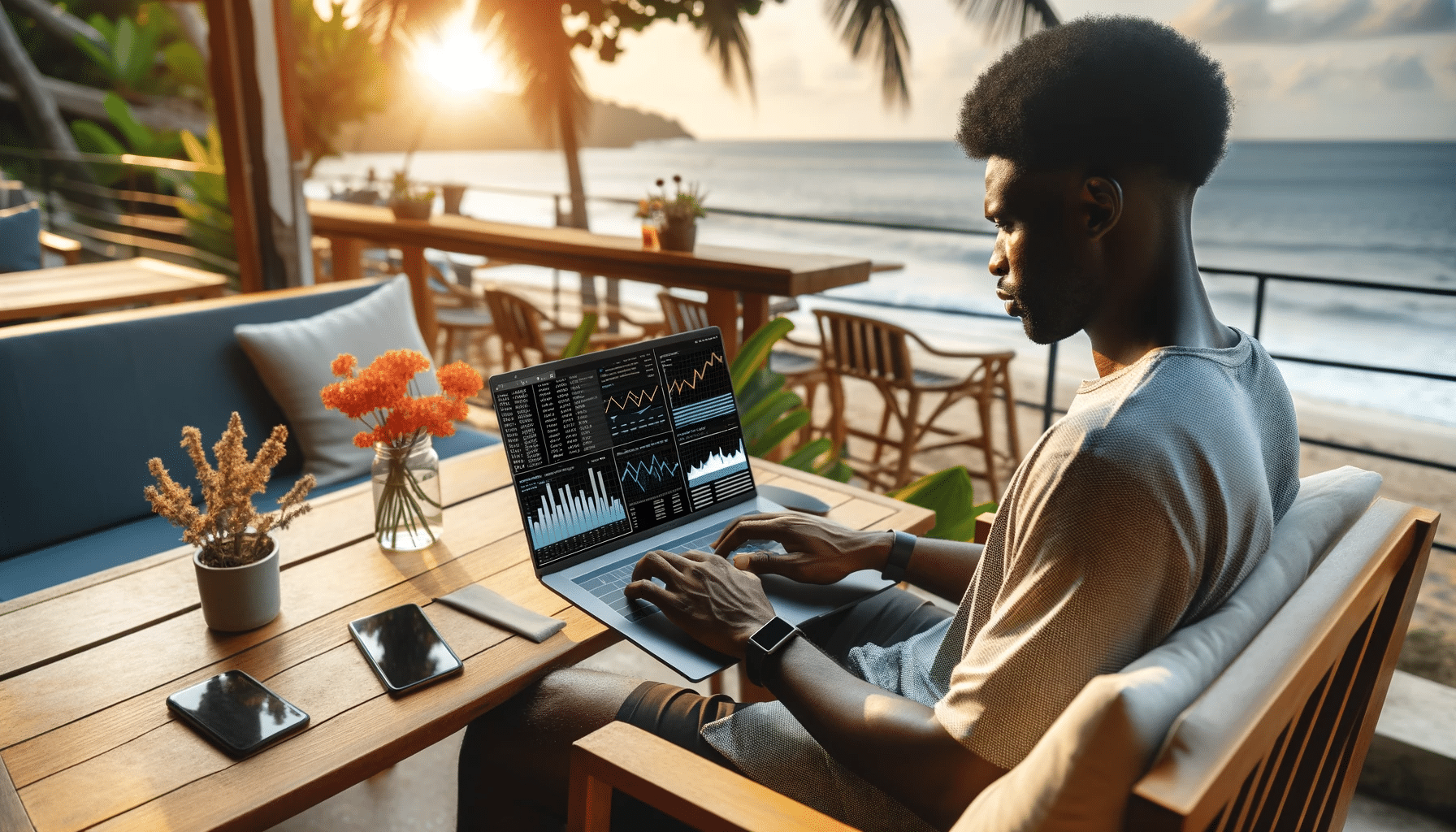 Un analyste de données en tenue décontractée travaille sur un ordinateur portable dans un café en bord de plage, avec le coucher de soleil et l'océan en arrière-plan, symbolisant le travail à distance depuis l'étranger.