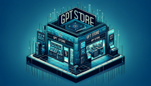 Illustration du GPT Store, un magasin futuriste de technologie avec une enseigne en bleu et turquoise, évoquant innovation et intelligence artificielle.
