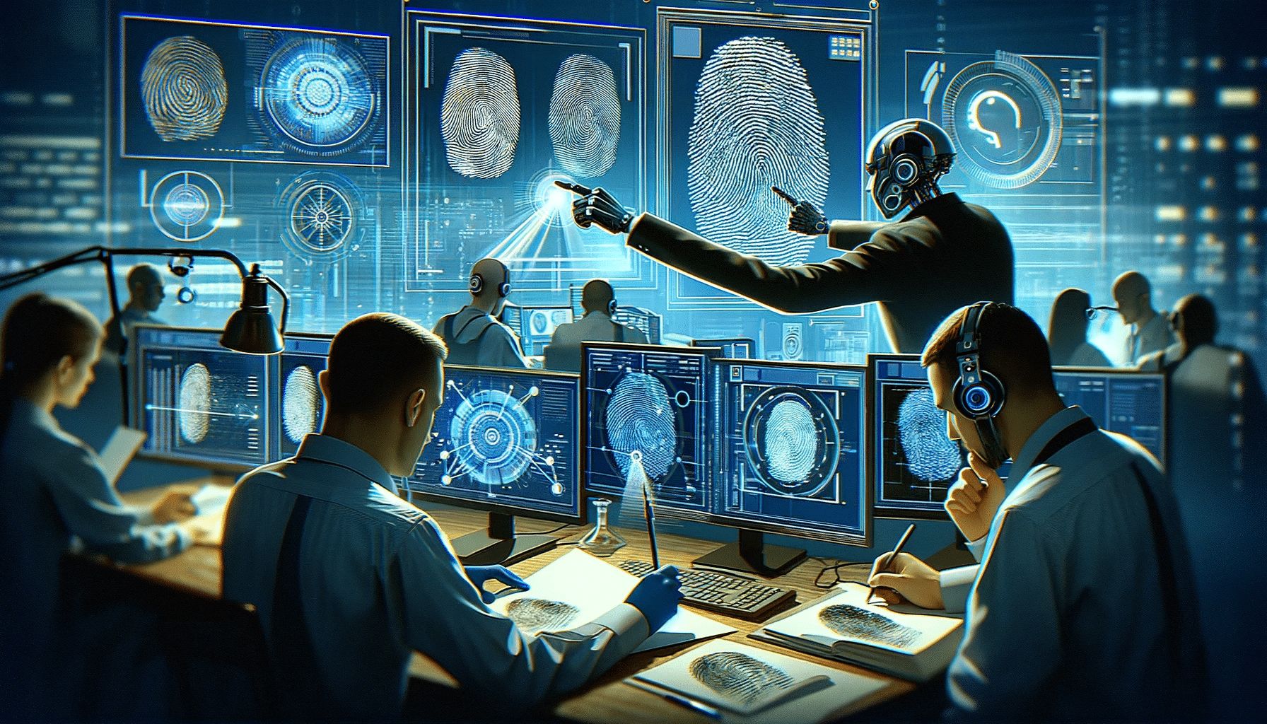 Illustration d'un système d'IA analysant des empreintes digitales, avec des interfaces affichant des algorithmes complexes et des analyses liant les empreintes à des bases de données de sécurité ou des dossiers criminels.
