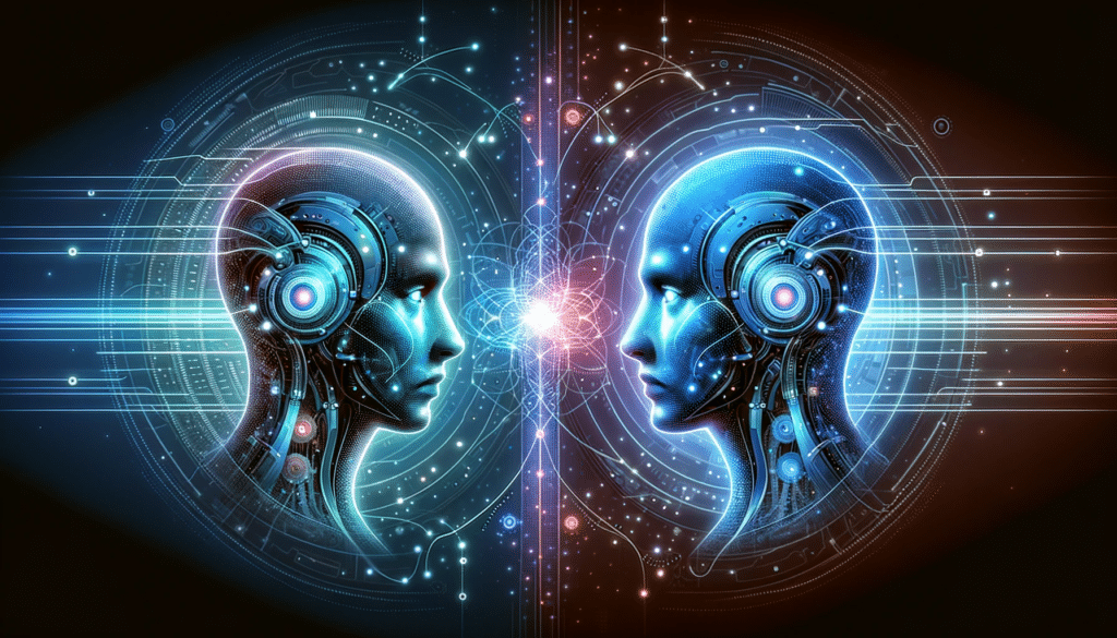 Illustration de deux systèmes d'IA générative se faisant face, sous forme d'entités numériques futuristes, communiquant et interagissant à travers des flux de données et des connexions digitales.