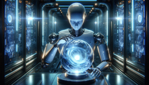 Une IA futuriste aux traits humanoïdes touche doucement une boule de cristal lumineuse, symbolisant la fusion de la prédiction traditionnelle avec la technologie avancée.