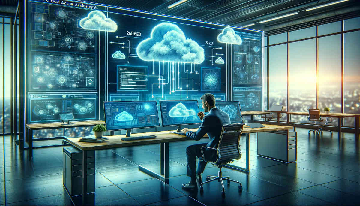 homme assis devant un bureau dans un étage élevé d'un tour, avec des nuages technologiques flottant au-dessus de lui