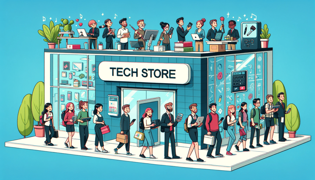 Illustration montrant deux files de personnes devant un magasin de technologie : une file entrant, impatiente d'explorer et acheter, et une autre sortant, portant des articles reflétant des intérêts variés comme les mathématiques, l'art, la science et le sport.