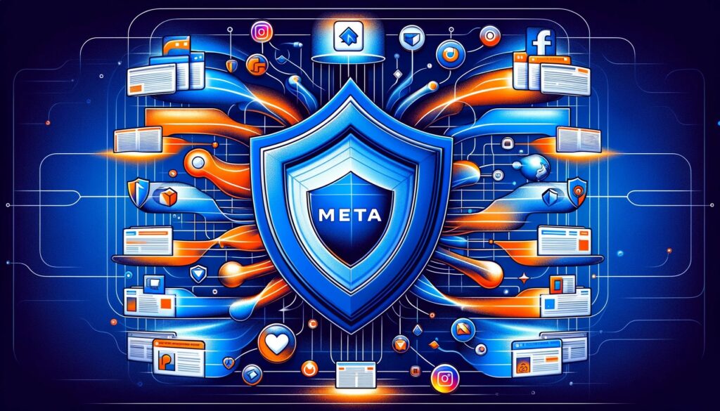Illustration symbolique de Meta utilisant un bouclier pour bloquer activement les fausses nouvelles sur ses plateformes Facebook, Instagram et Threads, avec des logos iconiques et des représentations de fausses nouvelles étant filtrées avant d'atteindre les utilisateurs.