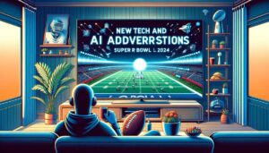 es nouvelles publicités de Tech et d'IA pendant le Super Bowl 2024, montrant un téléspectateur regardant des publicités d'IA sur sa télévision depuis son canapé, avec un ballon de football américain à la main.